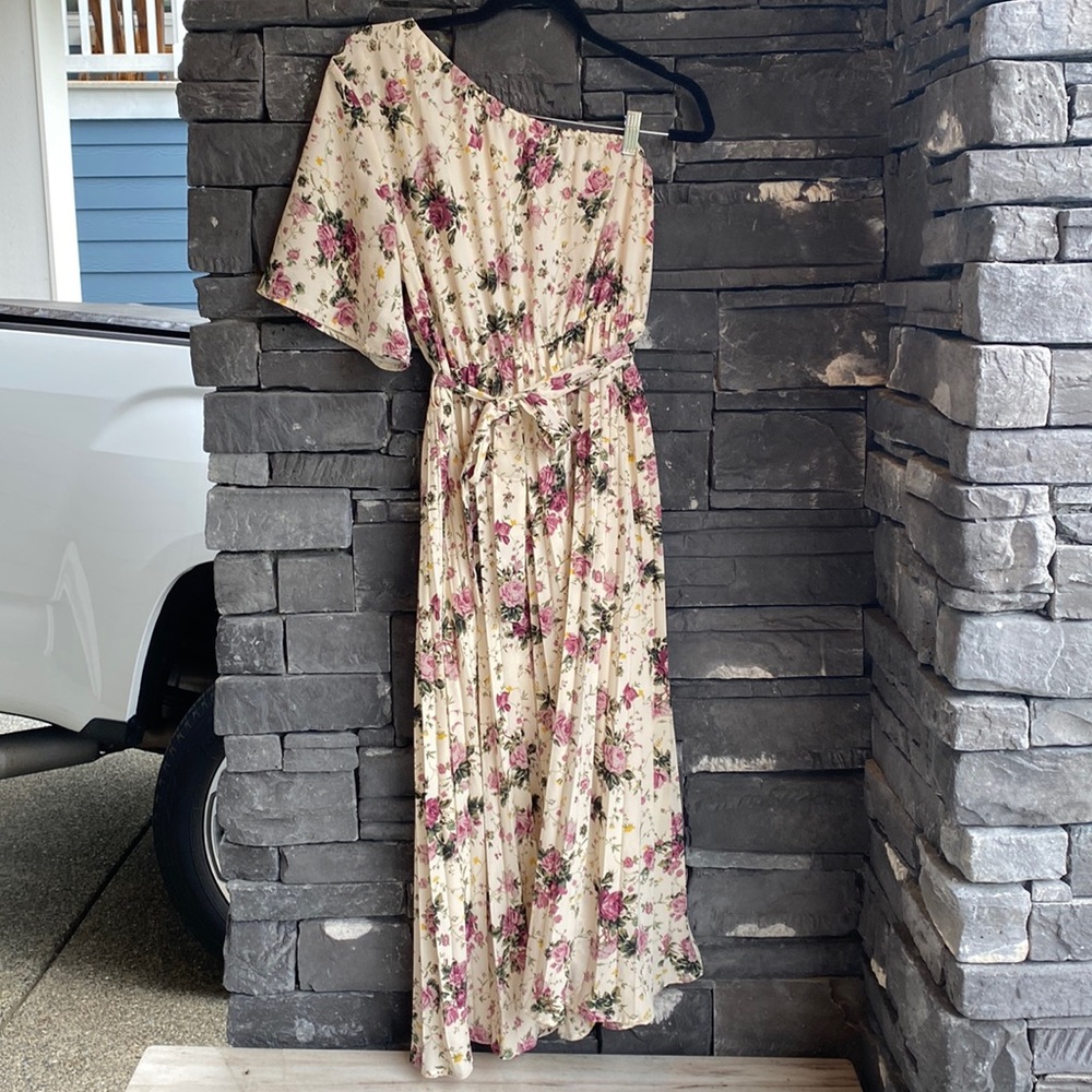 WOMENS SHEIN FLORAL OFF SHOULDER DRESS WITH TIE WAIST DETAIL SIZE:L